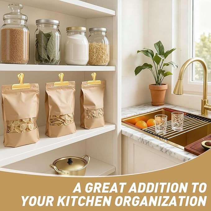 Funfery Gold Chip Clips Bag Clips Large Stainless Steel Clip for Food Storage,Air Tight Seal Chip Bag Clip 3 Inch Strong Food Clipp for Snack,Chips,Kitchen Decor,Home&Office Paper Heavy Duty-8 Pack