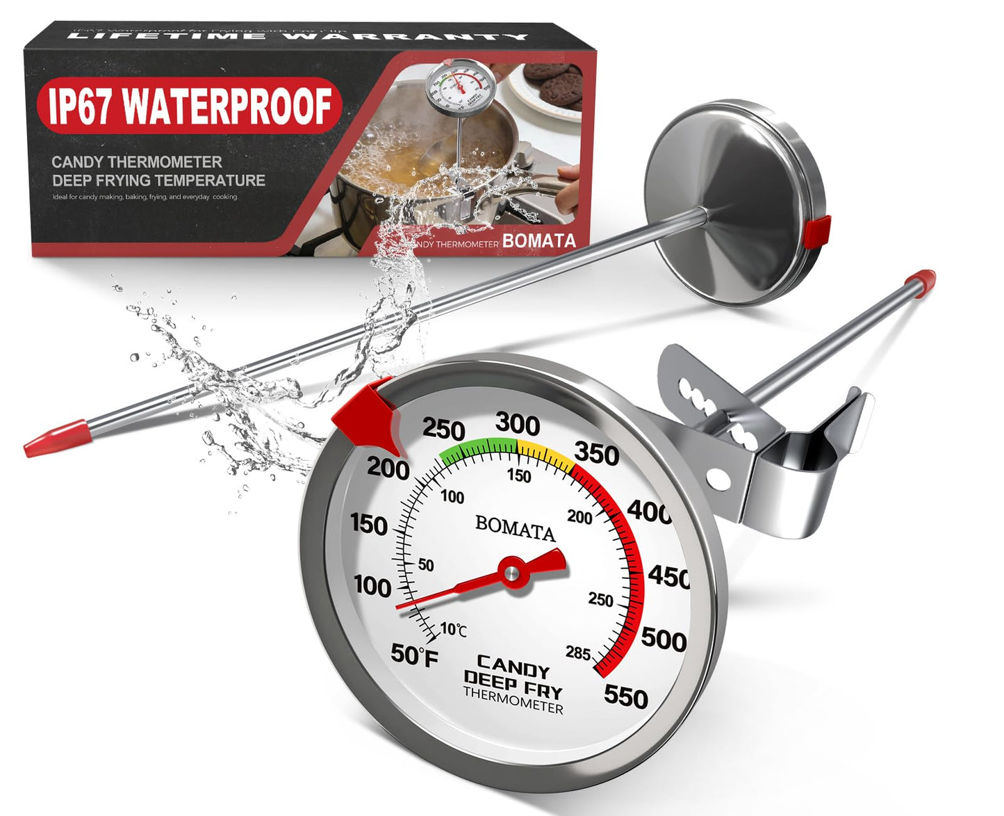 BOMATA Candy Thermometer with Pot Clip, Waterproof Deep Fry Oil Thermometer