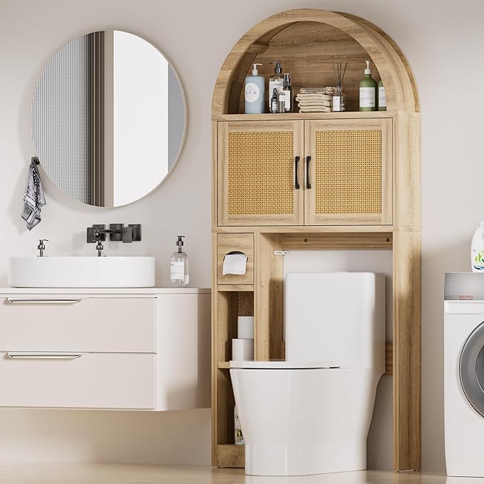 Spurgehom Over The Toilet Storage Cabinet, Bathroom Shelf Organizer Freestanding, Bathroom Arch Cabinet Over Toilet with Toilet Paper Holder and Anti-Tipping Device (Wood & Wicker Door)