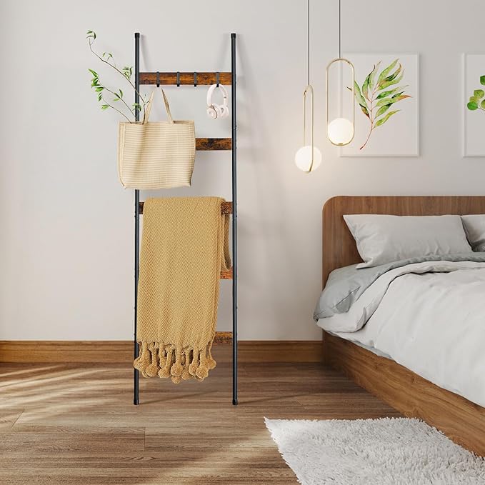 ELYKEN Blanket Ladder for Living Room, Farmhouse 5-Tier Quilt Holder with 4 Removable Hooks for Bathroom, Wood Towel Rack Display, Wall Anchor Leaning Decorative Stand for Home, Rustic Brown