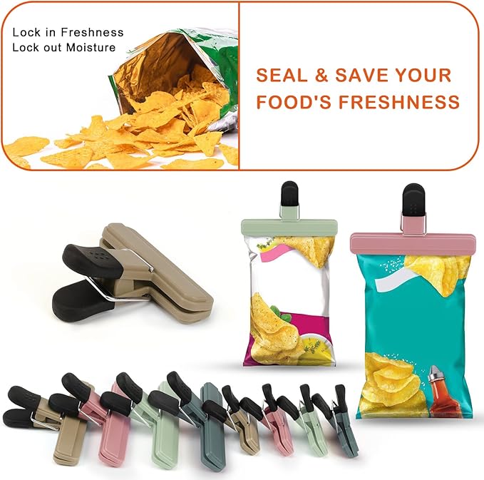TACGEA Chip Clips, 8 Pack Food Clips, Upgrade Wide Open Bag Clip for Food Storage with Air Tight Seal Grip Neutral Color (4 x L, 4 x S)