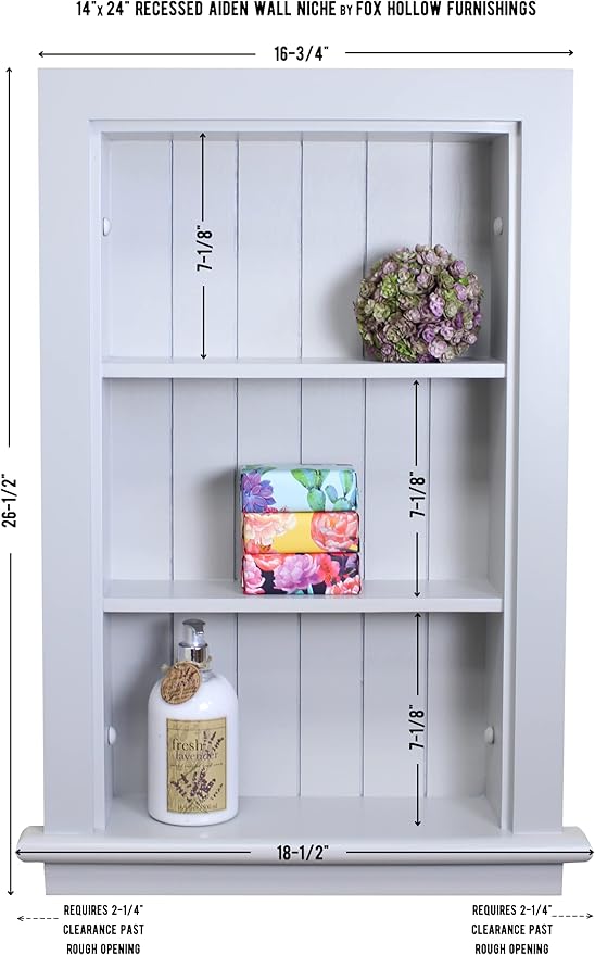 Fox Hollow Furnishings 14x24 Aiden Recessed Wall Niche Medicine Cabinet Replacement, in The Wall Bathroom Cabinet Insert Shelf/Shelves, Made in North America, Real Wood, NO MDF, Beadboard, Light Gray