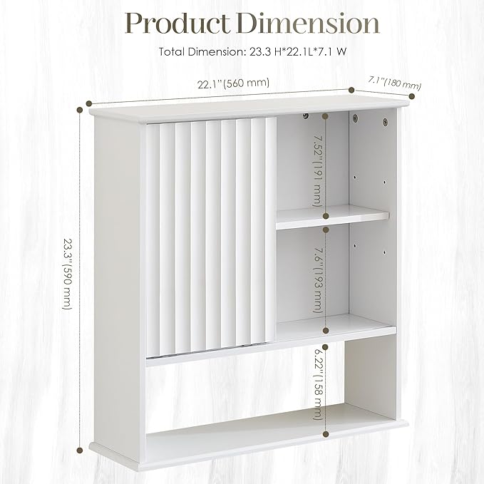 22.5 x 23.5 inch Bathroom Wall Cabinet, Medicine Cabinet Wall Mounted w/Fluted Sliding Door Adjustable Shelf White Storage Cabinet Organizer for Kitchen Dining Room Living Room