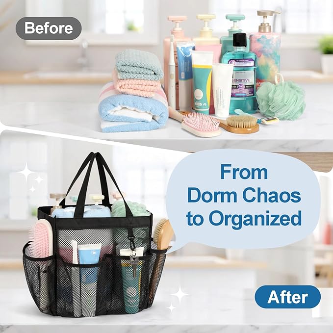 F-color Mesh Shower Caddy Portable, Upgrade Deeper 7 Pockets Shower Bag Basket Tote for College Dorm Room Bathroom Essentials Gym Camp Quick Dry 2 handles with S Hook, 2 Pack Black
