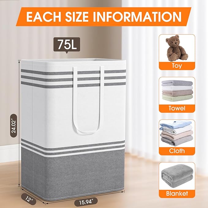 3 Pack Large Laundry Baskets, Laundry Hampers, Freestanding Waterproof Collapsible Clothes Bag with Extended & Reinforced Handles - Clothes Basket for Dorm, Bathroom, Home (75L)