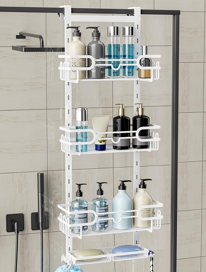 Consumest Over The Door Shower Caddy - 4 Tier Adjustable Hanging Shower Organizer Shelf with 2 Soap Holders & 22 Hooks, Rustproof Easy Installation Hanging Storage Rack for Bathroom, White