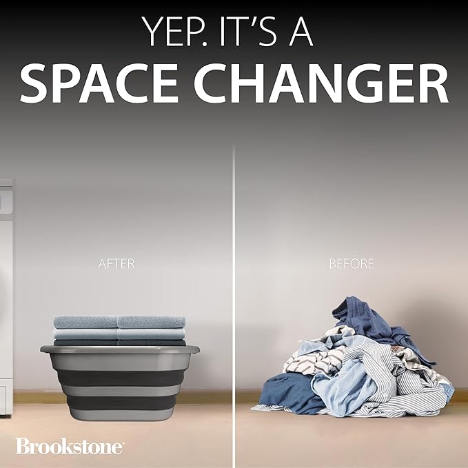 BROOKSTONE Collapsible Laundry Basket Set, Modern Extra Large Collapsible Basket Set, Comfort Non-Slip Grip Handles, Minimalist Space Saving Design, Portable Pop-Up Hamper, BPA FREE, Dark Grey, 2 PACK