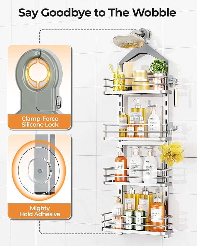 ODesign 4 Tier Height-Adjustable Shower Caddy Hanging Anti-Swing-Over The Shower Head Caddy- Storage Organizer Bathroom Shelves Basket Caddies-Silver