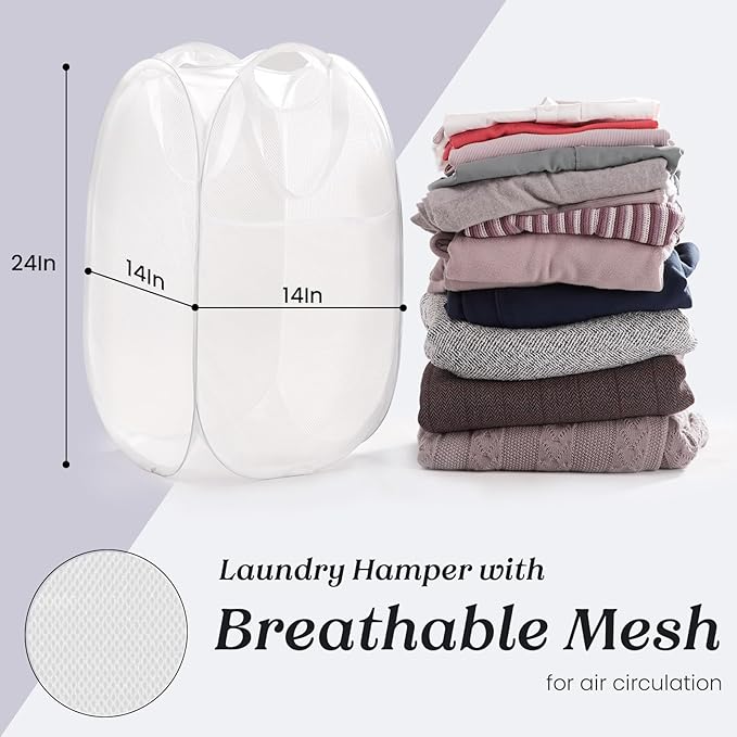 TECHMILLY Collapsible Mesh Pop Up Laundry Hamper with Sturdy Handles and Side Pocket - Portable Foldable Clothes Baskets for Dorm, Bathroom & Travel Storage (White)