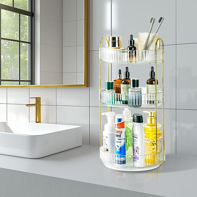 360 Rotating Makeup Organizer - Large Capacity Spinning Perfume & Cosmetic Skincare Holder for Countertop (Pearl White, 3 Tier)