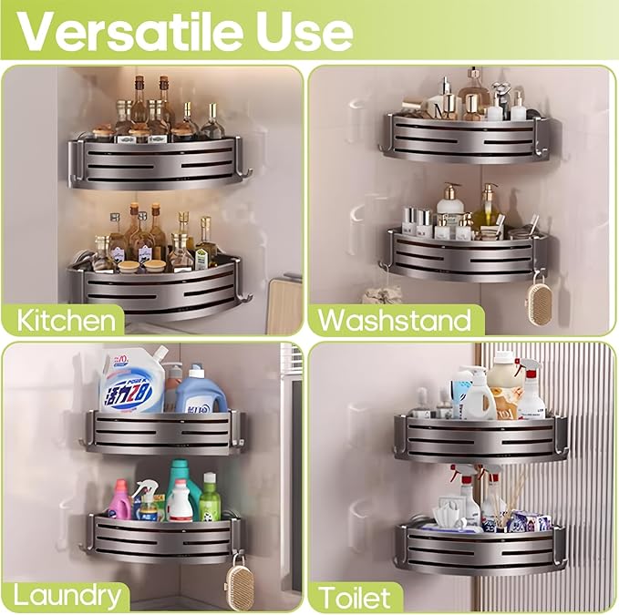 Corner Shower Caddy Suction Cup,Shower Shelves with Hooks,No Drilling Powerful Suction Bathroom Organizers and Storage,Removable Waterproof Rustproof Shower Bathroom Accessories Decor(Grey 2Pack)