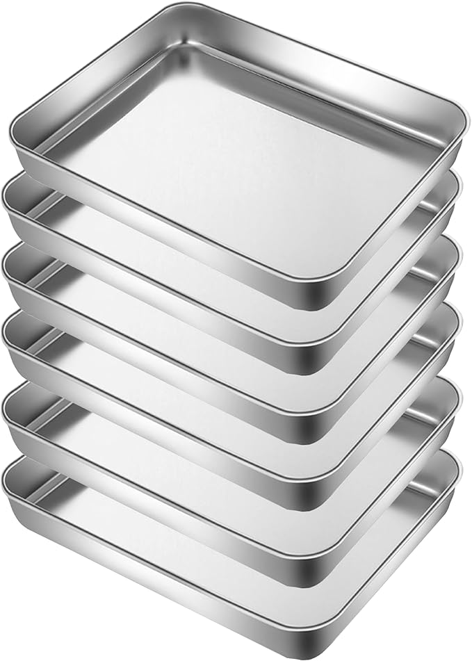 HYTK Small Cookie Baking Sheet Pans Stainless Steel 304 Tiny Serving Tray 12.4 x9.6 x1.1Inch (Diagonal 14.8) No Rust Dishwasher Safe Bakeware 6 Pack