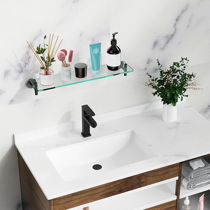 Glass Shelves for Bathroom,16-Inch Matte Black Floating Bathroom Shelf Stainless Steel Tempered Glass Shelf Modern Shelves Wall Mounted