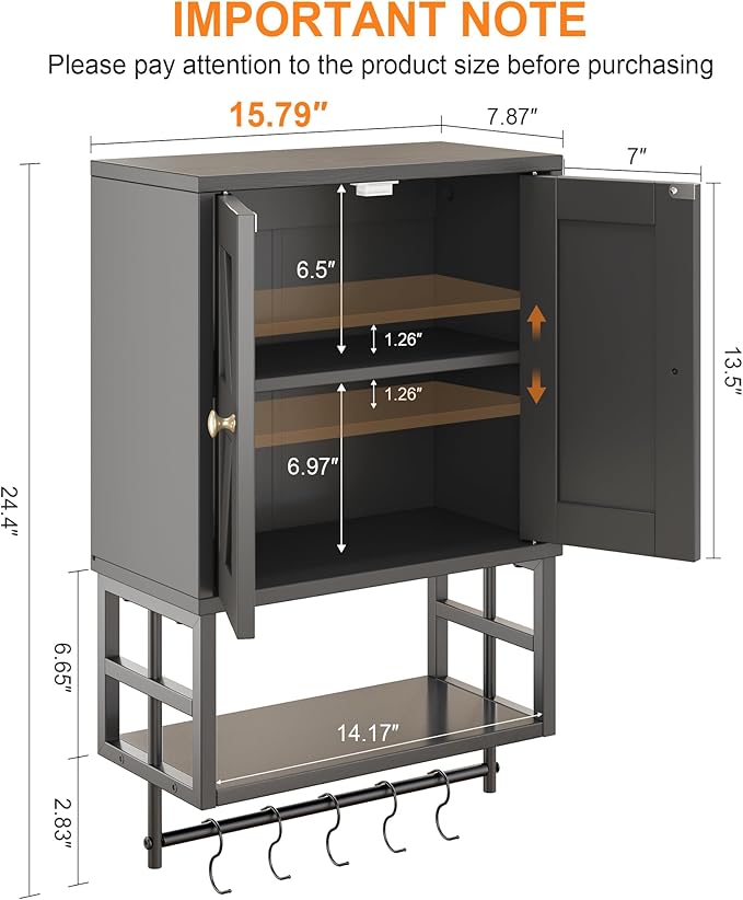 Farmhouse Medicine Cabinet - 3-Tier Wall Mounted Storage Organizer with Adjustable Shelves, Towel Bar, 5 Hooksfor Small Bathroom, Laundry Room, Over Toilet, Living Room, Bedroom (Black)