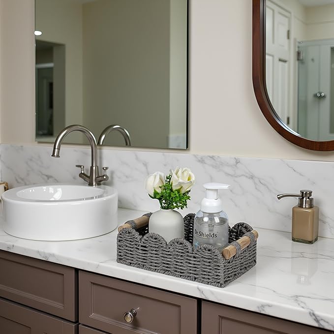 CubesLand Bathroom Basket Organizer, Toilet Tank Paper Storage Baskets 2-Pack, Scalloped Decorative Basket for Countertop w/Handle, Wicker Basket for Bathroom Decor, Home Decor, Living Room, Grey