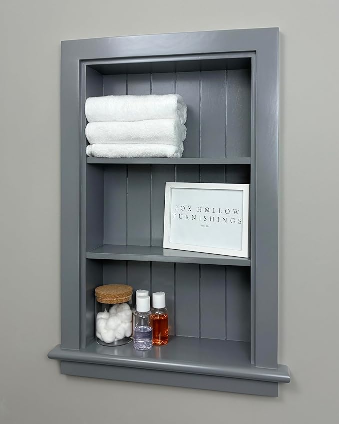 Fox Hollow Furnishings 14x24 Aiden Recessed Wall Niche Medicine Cabinet Replacement, in The Wall Bathroom Cabinet Insert Shelf/Shelves, Made in North America, Real Wood, NO MDF, Beadboard, Dark Gray