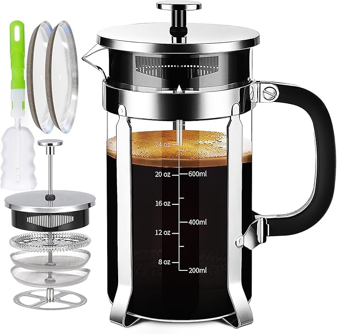 YMMIND 34 Ounce French Press Coffee Maker, 5-Cup Espresso Coffee Maker, Grey Cold Brew Heat Resistant Thickened Borosilicate Coffee Pot with 4 Stainless Steel Filter Screens