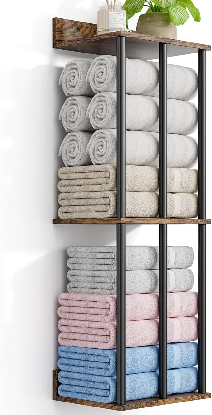 Towel Racks for Bathroom Wall Mounted with Wooden Storage Shelf, Updated 3 Bar Metal Towel Holder for Rolled Towels, Sturdy and Large Capacity, Towel Storage Organizer
