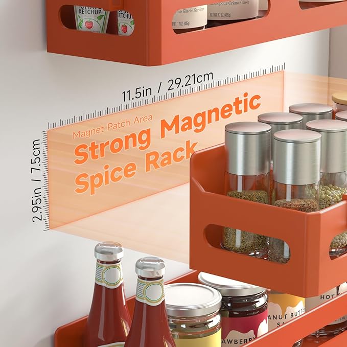 4 Pack Strong Magnetic Spice Rack for Refrigerator, Multipurpose Magnetic Shelf for Fridge with 4 Hooks for kitchen and Bathroom Organization, Orange