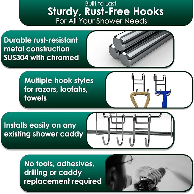 Shower Caddy with Hooks - Heavy Duty Rustproof Helmet Fence Hooks for Wire Shelves - 8 Pack Silver