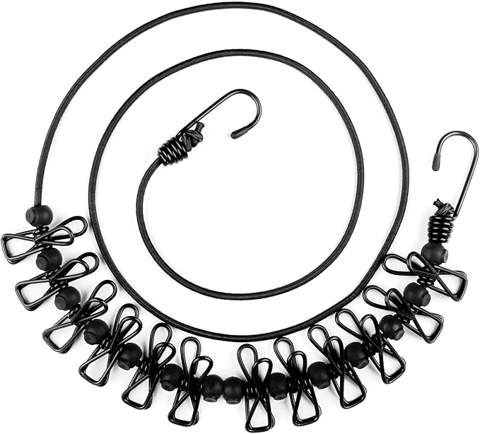 HAWATOUR Clothesline Camping Essentials, Portable Retractable Clothesline with 12pcs Clothespins Outdoor Camping Accessories Travel and RV Essentials, Black