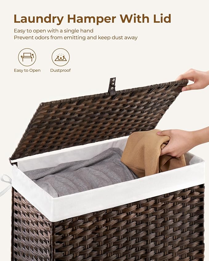 Greenstell Laundry Hamper with Lid, 125L Laundry Basket with 2 Removable Liner Bags & 2 Mesh Bags, Handwoven Synthetic Rattan Clothes Hamper for Clothes, Toys in Bathroom, Bedroom, Foldable, Brown