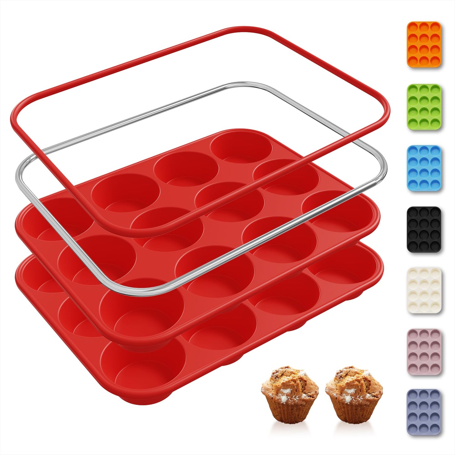 2 Pack 12 Cups Silicone Muffin Pan with Metal Reinforced Frame Regular Size Silicone Molds Cupcake Cake Baking Pans Cookie Baking Chocoflan Cupcake Mold Kitchen Baking Mold Tools for Cooking