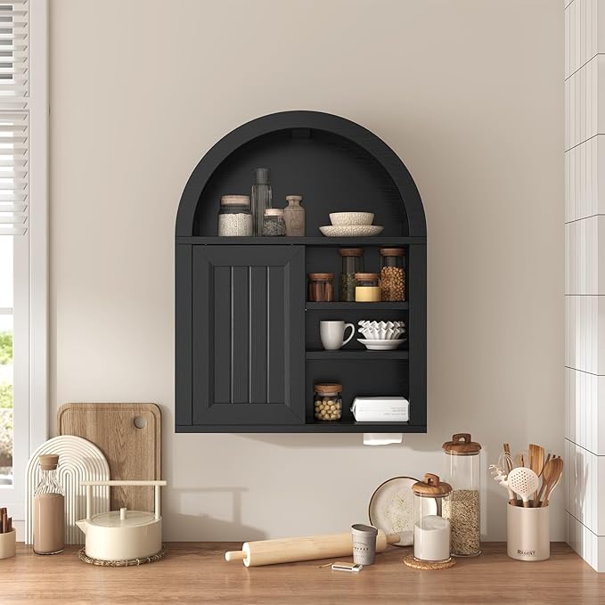 Arched Bathroom Wall Cabinet, 23.6 x 30.3'' Over The Toilet Cabinet With Sliding Barn Door, Adjustable Shelf, Wall Mounted Cabinets for Bathroom Laundry Room Kitchen (Black,Sliding Door, 30IN)