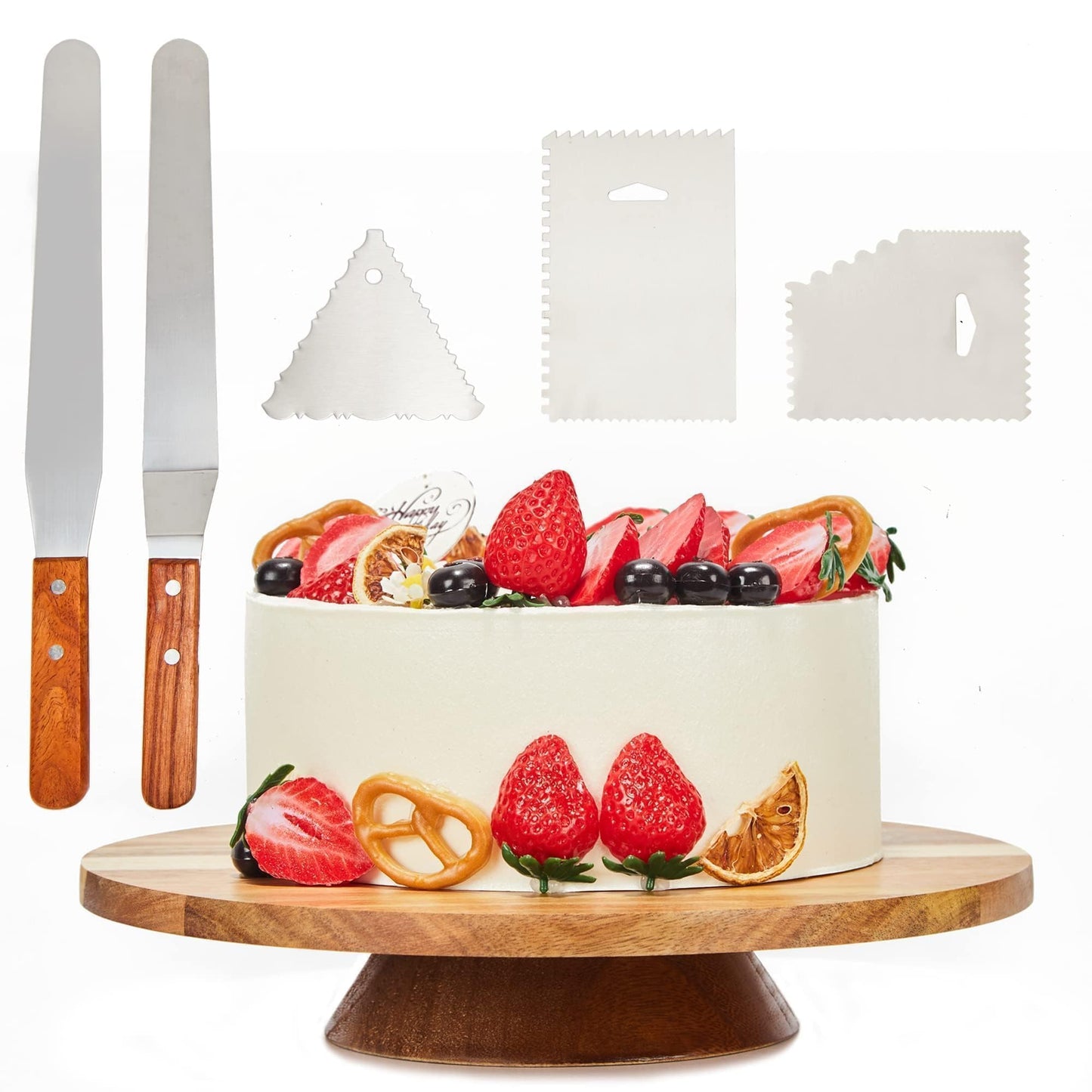 GOVOKOI 12" Acacia Wood Revolving Cake Stand, 2" High Turntable for Cake