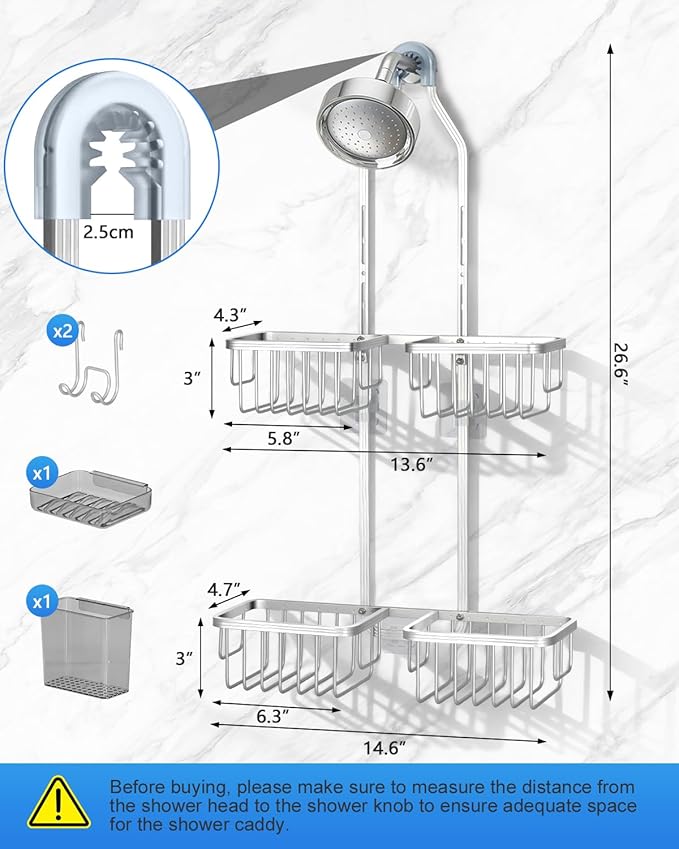 Adjustable Shower Caddy Hanging for Handheld Showerheads - Upgraded Never Rust Shower Hanging Organizer, Bathroom Shower Rack with Soap Basket, Hooks and Toothbrush Holder (Shiny Silver)