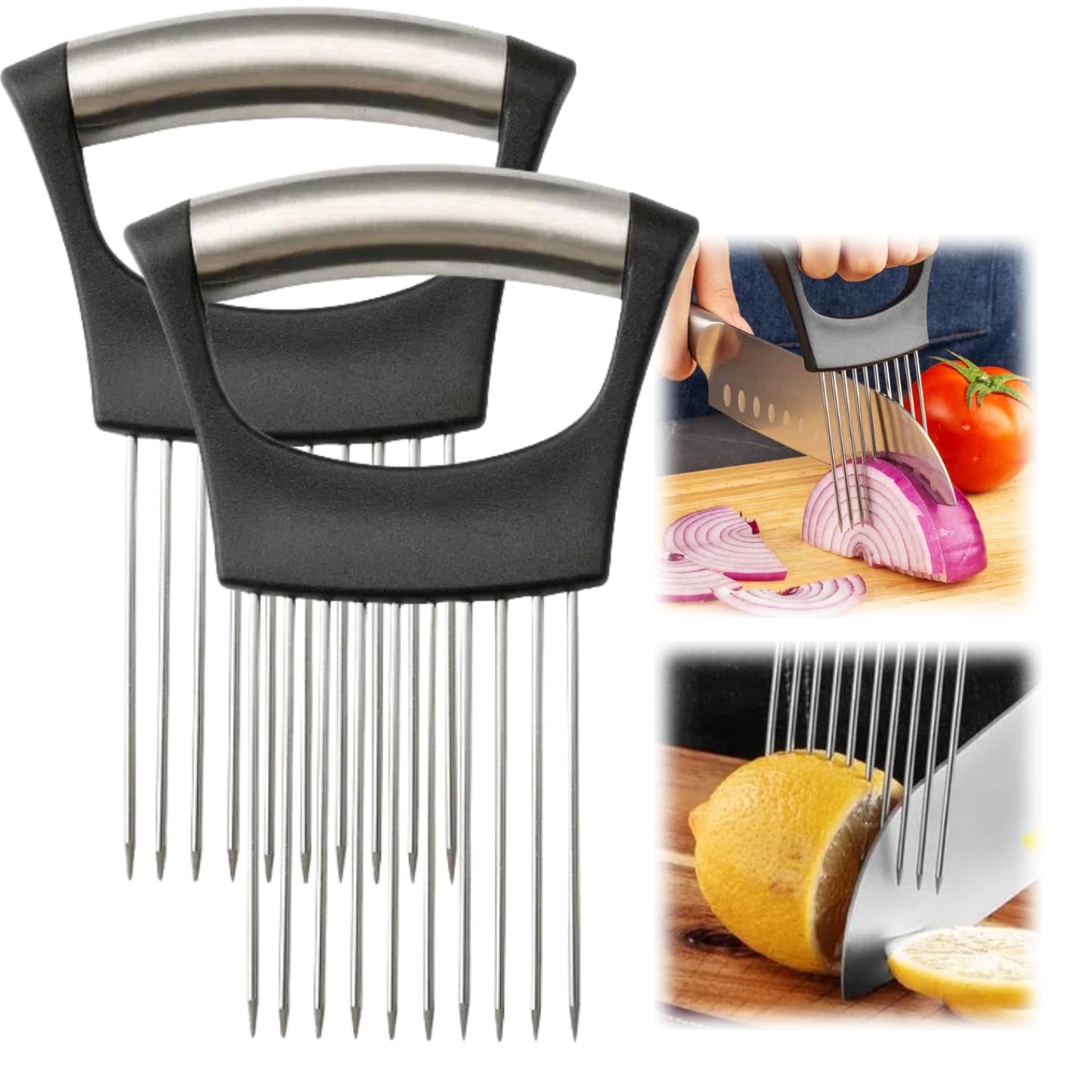 Ultra Onion Slice Holder - Stainless Steel Holder for Slicing Meat, Onion, Potato, Tomato - 3 Pack