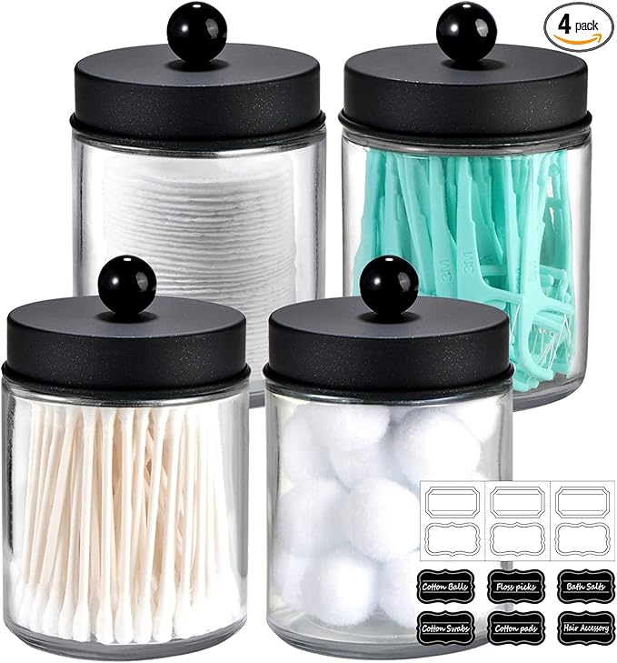 Amolliar 4 Pack Apothecary Jars Bathroom Vanity Storage Organizer Set -Countertop Canister with Stainless Steel Lids &Cute Stickers - Qtip Dispenser Holder for Qtips,Cotton Swabs,Makeup Sponges(Black)