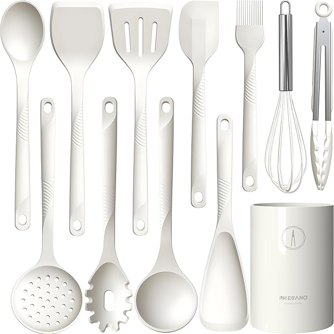 Silicone Cooking Utensils Set - 600°F Heat Resistant, Nonstick Kitchen Utensil Set with Spatulas, Spoons, Whisk, Tongs, BPA Free, Dishwasher Safe (Gray)