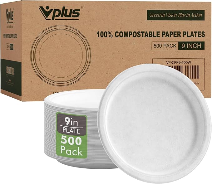 Vplus 500 Pack Compostable Bagasse Paper Plates 10.25 inch, Nature
