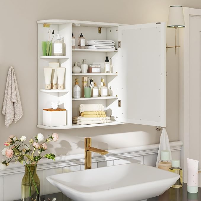 Tangkula Bathroom Medicine Cabinet with Mirror, Modern Wall Mounted Space-Saving Storage Organizer with Mirrored Door, 4 Internal Shelves & 6 Open Side Shelves, Bathroom Wall Cabinet (White)