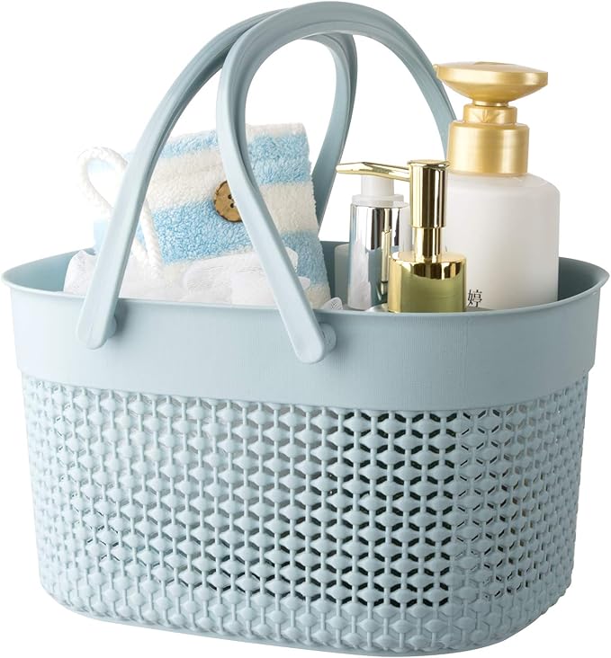 rejomiik Portable Shower Caddy Basket, Plastic Organizer Storage Tote with Handles Toiletry Bag Bin Box for Bathroom, College Dorm Room Essentials, Kitchen, Camp, Gym, Blue