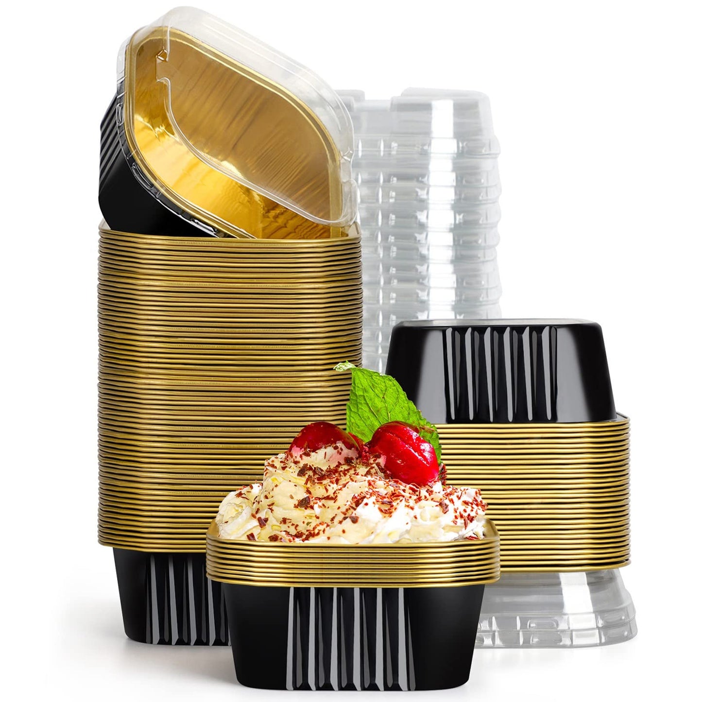 EUSOAR Creme Brulee Ramekins Disposable, 50pcs 10oz Cupcake Liners Foil Baking Cups with Lids, Aluminum Muffin Cups Square Dessert Wrappers Mini Cake Loaf Bread Pans for Wedding Birthday Party