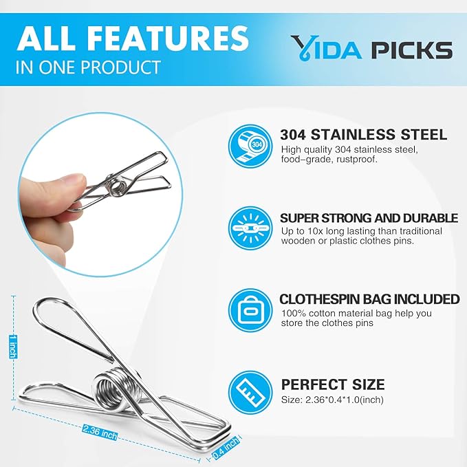 40 Pack Wire Clothes Pins Heavy Duty Outdoor, Stainless Steel ClothesPins for Hanging Clothes, Metal Clothes Pegs, Clothing Clips, Laundry Pins 1.8mm Diameter 6cm Long