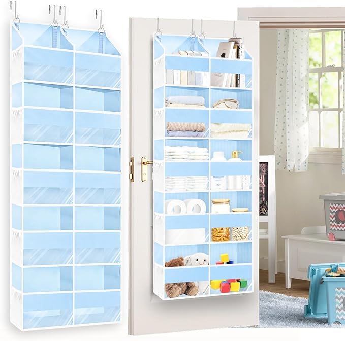 Blue Over the Door Organizer 5 Tiers, Extra Large Behind Door Storage of 10 Compartments, 80 lbs Weight Capacity Hanging Storage Organizer with Clear Window Kids Toys, Shoes, Diapers, Room storage