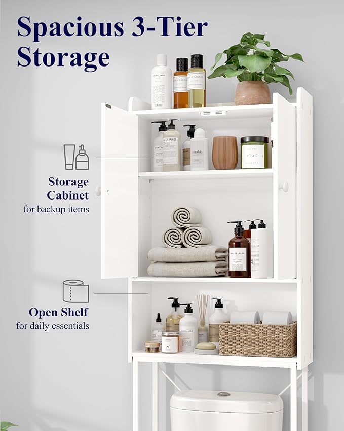Kitsure Over The Toilet Storage Cabinet - 3 Tier Bathroom Organizers and Storage Solution with Adjustable Shelf & Bottom Bar, Anti-Tip Bathroom Storage Cabinet, White, 3 Tiers (68.1" H)