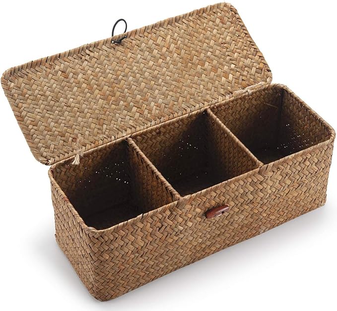 Seagrass Storage Basket for Bathroom - Wicker Toilet Tank Basket with Lid - Woven Narrow Organizer (16.5" x 5.5" x 5.5")