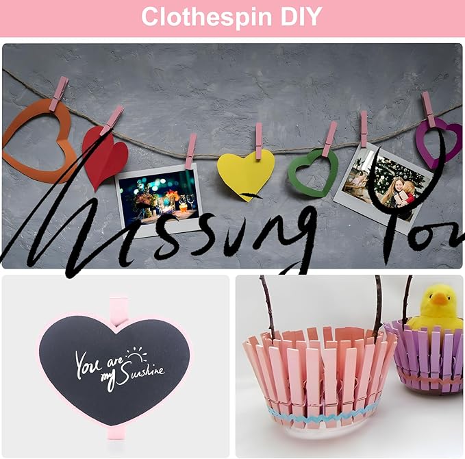 Colored Clothes pins 2.9inch 50PCS Pink, Colorful ClothesPins Wooden Clips for Photos Pictures Decorative Crafts, Decoration clothespins Clothing Hanging clothespins