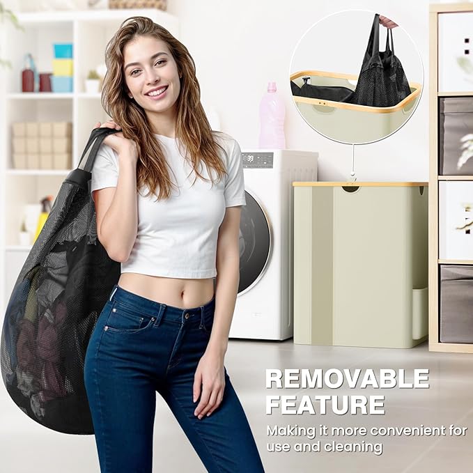 BlissTotes Laundry Basket with Lid, 150L Clothes Laundry Hamper with Handles and 2 Removable Laundry Bag, Breathable Design Hamper with Lid for Bedroom, Bathroom, Dorm, Laundry Room - Beige