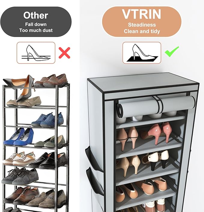 VTRIN Vertical Narrow Shoe Rack Organizer Tall Shoe Rack for Closet Entryway 10 Tier Non-Woven Cover Shoe Shelf Holds 20-22 Pairs Free Standing Shoe Storage Cabinet with Dustproof Cover, Grey
