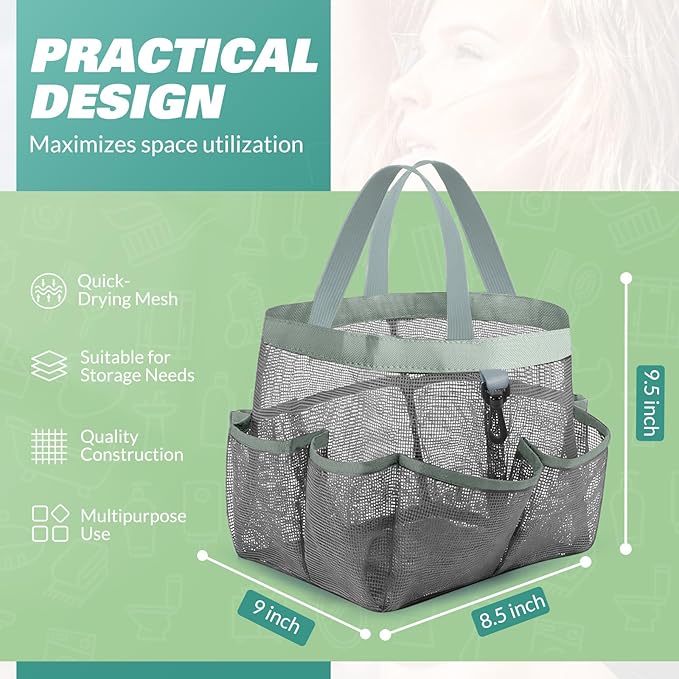 Mesh Shower Caddy Portable for College Dorm Room Essentials with 8 Pockets, Shower Bag for Beach, Swimming, Gym, Travel, Bathroom(All gray)