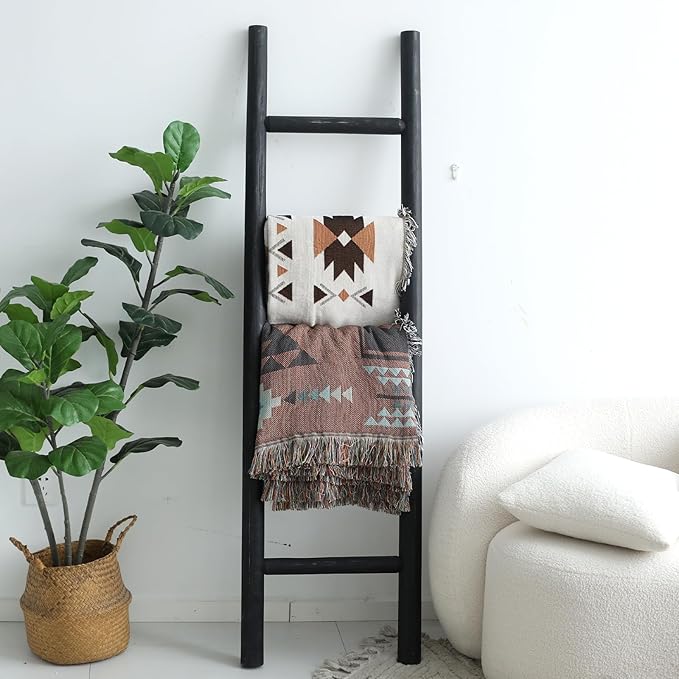 FUIN 57in Wood Blanket Ladder Living Room Decorative Wall Leaning Farmhouse Quilt Display Holder Rustic Wooden Towel Rack for Bathroom, Black