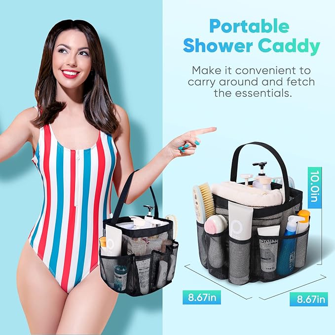 EUDELE Mesh Shower Caddy Portable for College Dorm Room Essentials, 8-Pocket Large Capacity Shower Bag for Beach, Swimming, Gym Pack