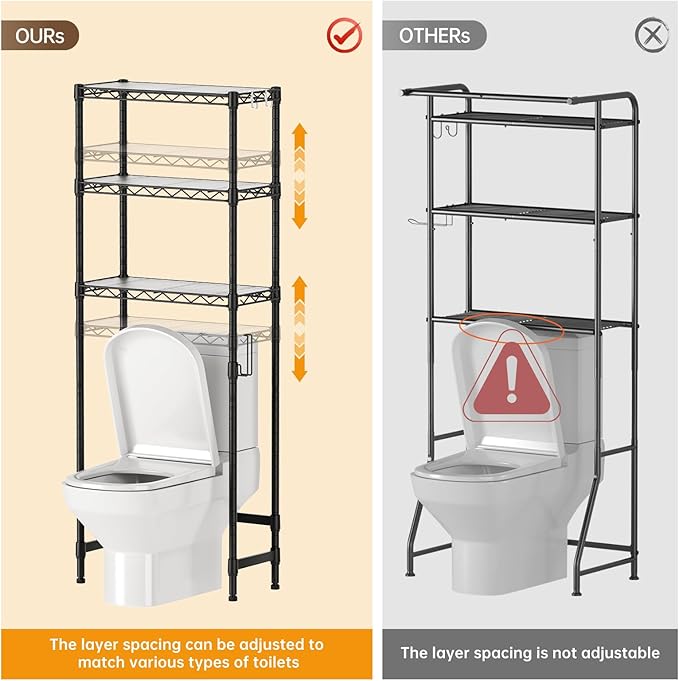 3-Tier Over The Toilet Storage Shelf,Heavy Duty Adjustable Metal Bathroom Rack with Toilet Paper Holder & Hooks,Space-Saving Organizer for Bathroom,10”D x 24”W x 66”H,Black