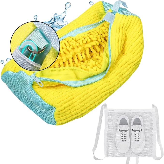 Shoe Washing Machine Bag, Shoe Laundry Bag for Washer and Dryer, Include Dry Net Bag, Reusable and Durable Zipper with Hook Design, Shoe Washing Bag for Sneaker (Yellow, 1 Pack)
