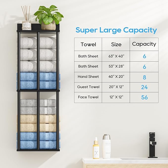 Towel Racks for Bathroom Wall Mounted with Wooden Storage Shelf, Updated 3 Bar Metal Towel Holder for Rolled Towels, Sturdy and Large Capacity, Towel Storage Organizer